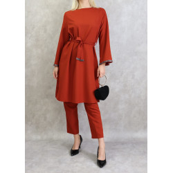 Ensemble femme moderne chic - Tunique longue à strass et pantalon - Couleur brique