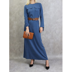 Long flared dress with pockets and brown belt - Color Blue