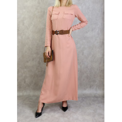 Robe longue évasée avec poches et ceinture marron pour femme - Couleur Saumon