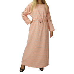 Robe longue en coton pour femme à rayures décorée de boutons - Couleur rose saumon