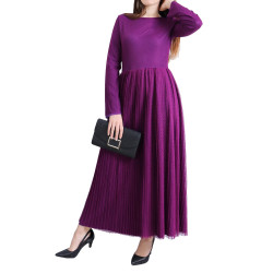 Long pleated tulle evening dress for women - Purple color