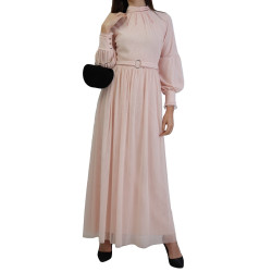 Long evening dress in beaded tulle for women - Light pink color