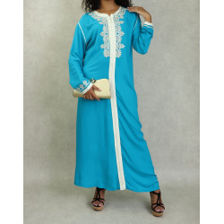 Robe Marocaine longue avec broderies et strass style caftan - Couleur Bleu turquoise