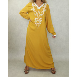 Robe orientale longue avec belles broderies en coton pour femme - Couleur moutarde
