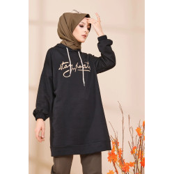 Tunique à capuche ample pour femme (Style Sweatshirt décontracté) - Couleur noir