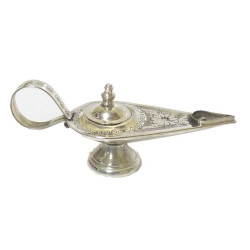 Petit encensoir / Porte encens "Lampe d'Aladin" en cuivre argenté joliment ciselé