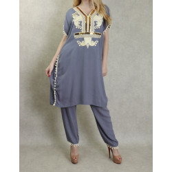 Woman with embroidery-Two tunic pieces and pants-Grey Color