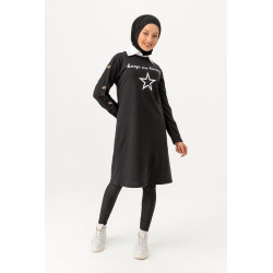 Long tunic with star and "Keep on loving" buttons-Black color