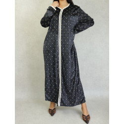Robe arabe longue en velours à motif avec broderie blanche pour femme - Couleur Noir