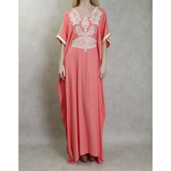 Robe orientale style arabe à manches courtes brodée avec perles et strass - Couleur Saumon