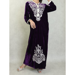 Robe longue effet velours avec broderies pour femme - Couleur violette