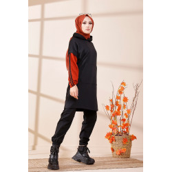 Tunique bicolore avec capuche pour femme (Sweat long style décontracté) - Couleur noir...