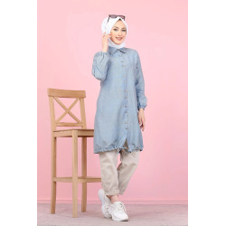 Tunique-Chemise ample boutonnée (Vetement tendance pour femme voilée) - Couleur bleu gris