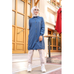 Tunique-Chemise ample boutonnée (Vetement décontracté femme voilée) - Couleur bleu