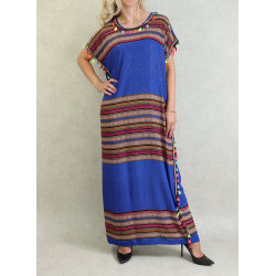 Robe d'été pailletée à rayures horizontales multicolores (arc-en-ciel) et mini-pompons...
