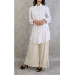 Mid-length cotton shirt with white and pink stripes