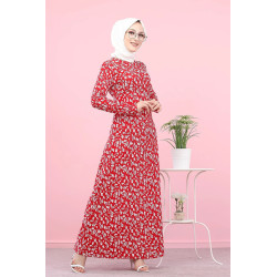 Long flared flower patterned dress (Online sales of Muslim woman clothing) - Red color