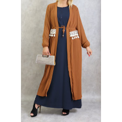 Kimono long plissé style oriental avec décorations et strass pour femme - Couleur caramel