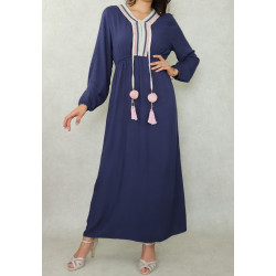Robe longue décorée de pompons pour femme - Couleur Bleu marine