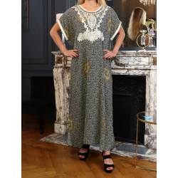 Robe longue imprimée à motifs fleuris arabesques et broderies pour femme - Couleur Bleu