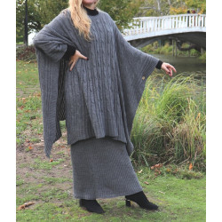Dress and chunky knit poncho set for women (Autumn-Winter season) - Gray color