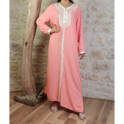 Robe longue avec broderies et strass style caftan marocaine pour femme - Couleur Saumon