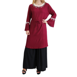 Tunique Longue à poignets cloche avec pompons - Couleur bordeaux