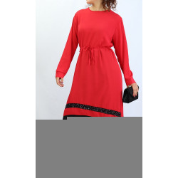 Tunique en crêpe avec strass noirs - Couleur Rouge