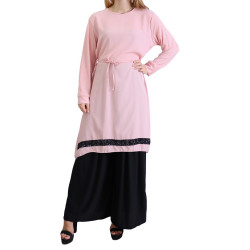 Crepe tunic with black strass-Color Rose
