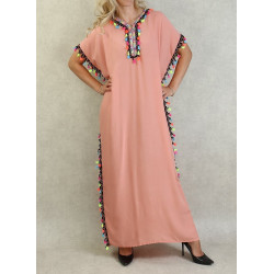 Oriental dress with multicolored pompoms with mirrored effect at the neckline (Several...