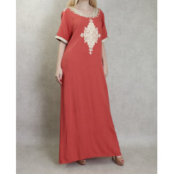 Robe tunisienne d'été longue manches courtes avec broderies - Couleur Rouille