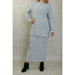 Ensemble en maille deux pièces tunique et jupe pour femme - Couleur Gris