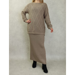 Two-piece mesh tunic and skirt set for women (Autumn-Winter Season) - Taupe color