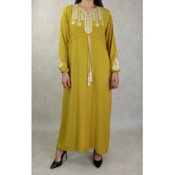 Robe longue élégante avec broderies et pompons pour femme - Couleur moutarde
