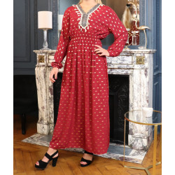 Robe longue avec motifs dorés broderies et pompons pour femme - Couleur bordeaux
