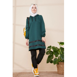 Tunique à capuche et bandes noires pour femme (Nouvelle Collection) - Couleur vert...