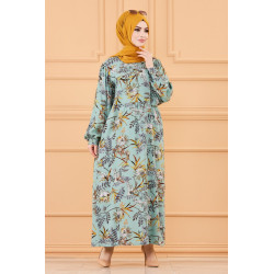 Robe longue et ample à fleurs pour femme (Vêtement musulmane) - Couleur menthe