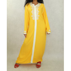 Cotton Long Robe with Woman embroidery-Yellow Color