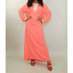 Cotton long dress with female embroidery-Color salmon