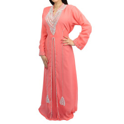 Robe de soirée extra longue doublée avec strass - Couleur saumon