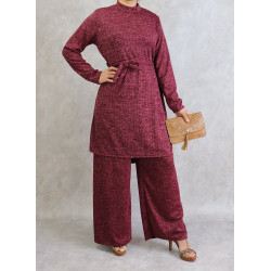 Ensemble tunique et pantalon chiné de couleur prune