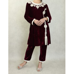 Jabador velvet style set with women's embroidery - Two-piece tunic pants - Grenat Color