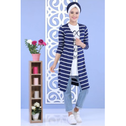 Ensemble femme 2 pièces Tee-Shirt + Gilet à rayures de couleur Blanche et Bleu marine