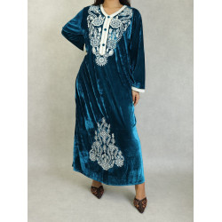 Robe longue effet velours avec broderies pour femme - Couleur Bleu canard