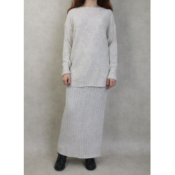 Two-piece knit tunic and skirt set for women (Autumn-Winter season) - Color Cream