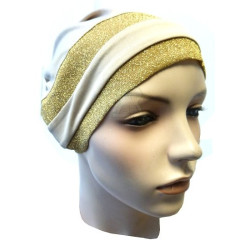 Bonnet beige avec deux bandes paillettes dorées