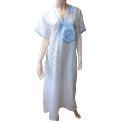 Moroccan Gandoura in white color with sky blue embroidery and large pocket at school level