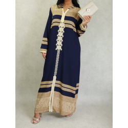 Long Arab hooded dress with embroidery and rhinestones for women - Navy Blue Color
