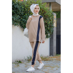 Woman's two-piece clothing (long sweatshirt and matching pants) - Beige color with tape