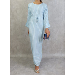 Long cotton dress with white stripes - Sky blue color
